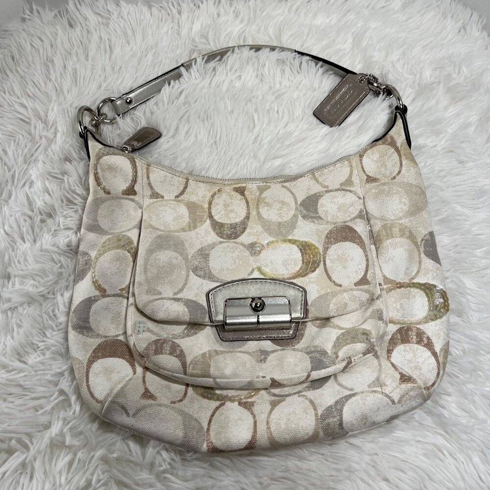 Coach Kristin Signature Logo Embellished Sequin Multi Beige Hobo Handbag 19340 (